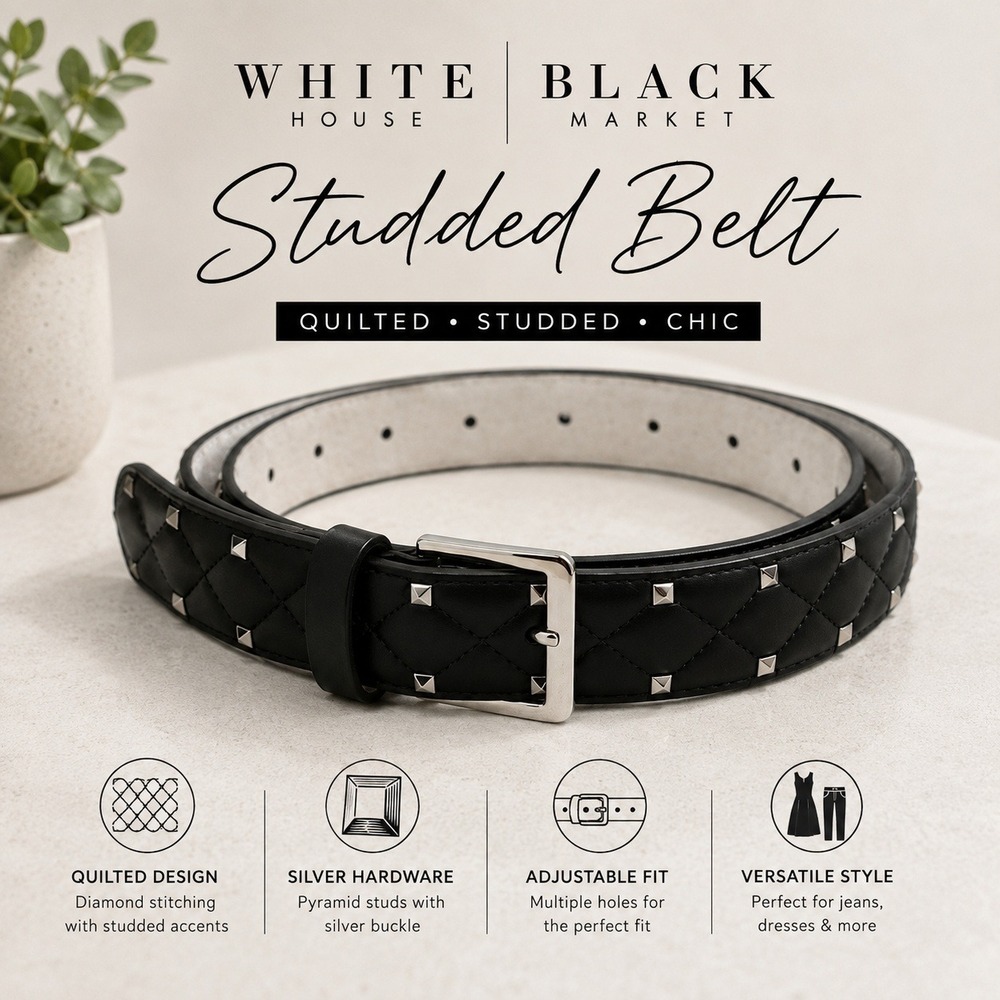 White House Black Market Studded Belt Black Quilted Silver Pyramid Studs Size M
